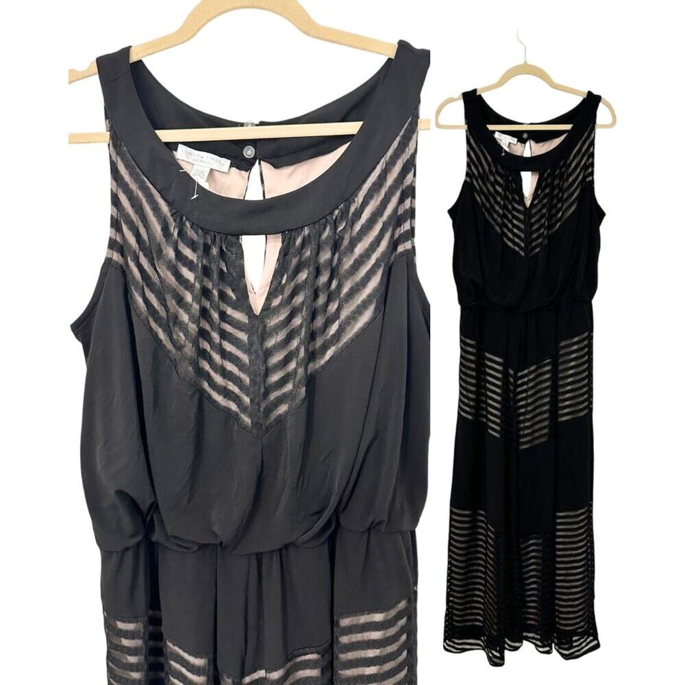 🖤✨ London Times Woman 16W Black Formal Maxi Dress Mesh Chevron Glam